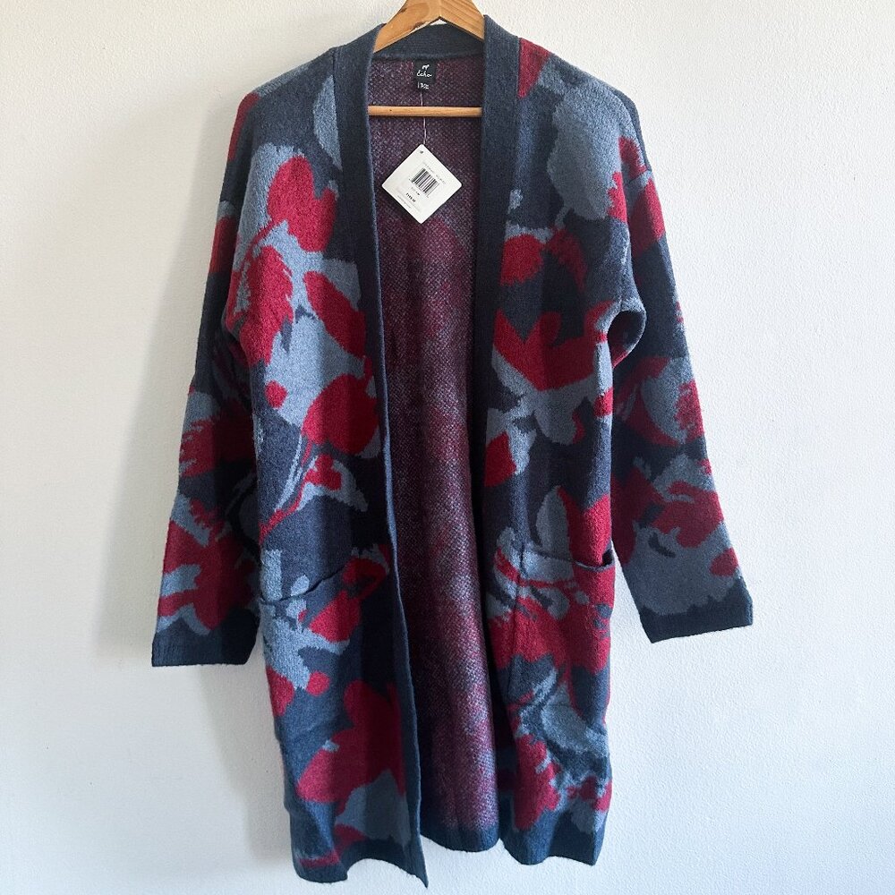 Echo Design Open Front Cardigan Art Knit Floral Wool Blend NWT Size S/M